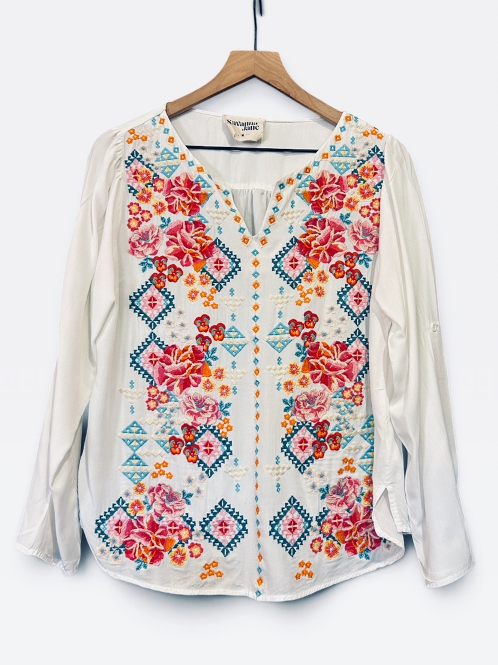 Savanna Jane Boho Floral Embroidered Long Sleeve White Top Size Medium - Picture 1 of 7